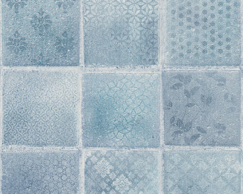 Textured Wallpaper, Flower Ornaments, Blue, 1 Roll