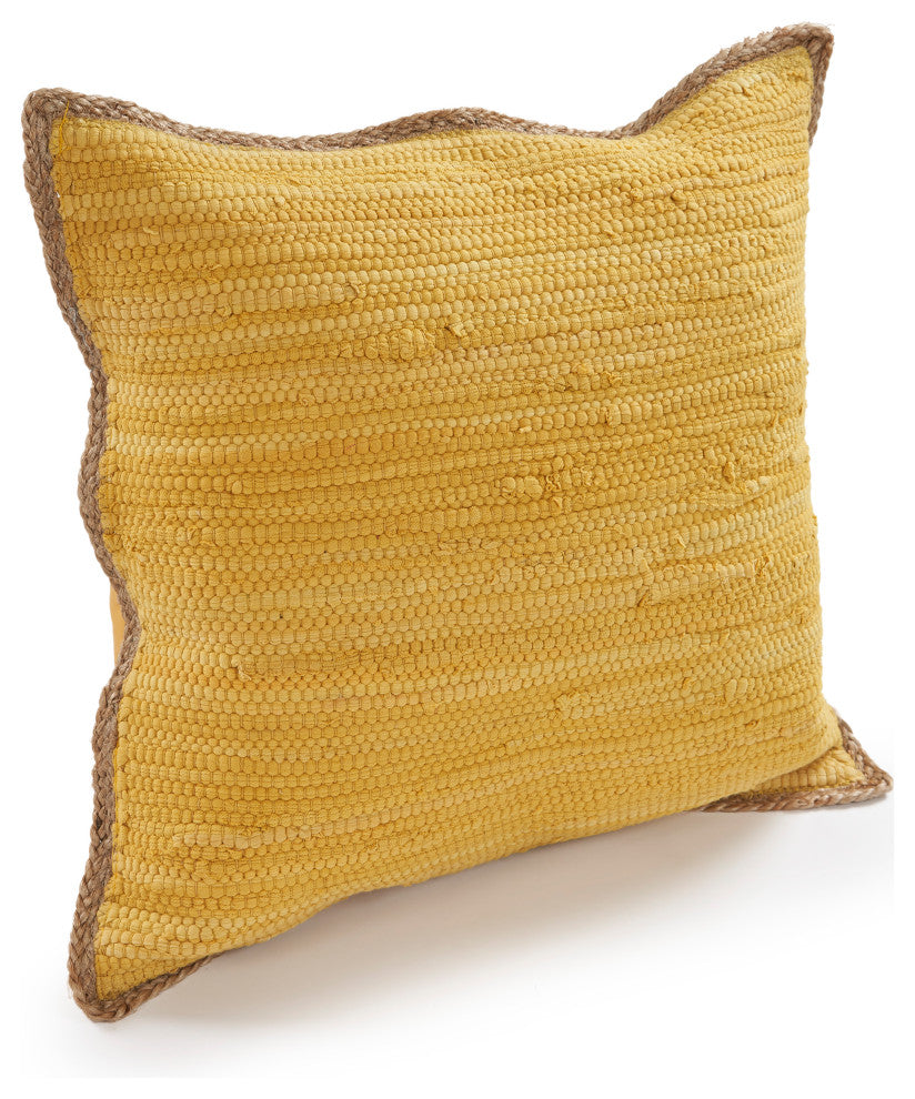 Solid Chickadee Yellow Jute Bordered Throw Pillow
