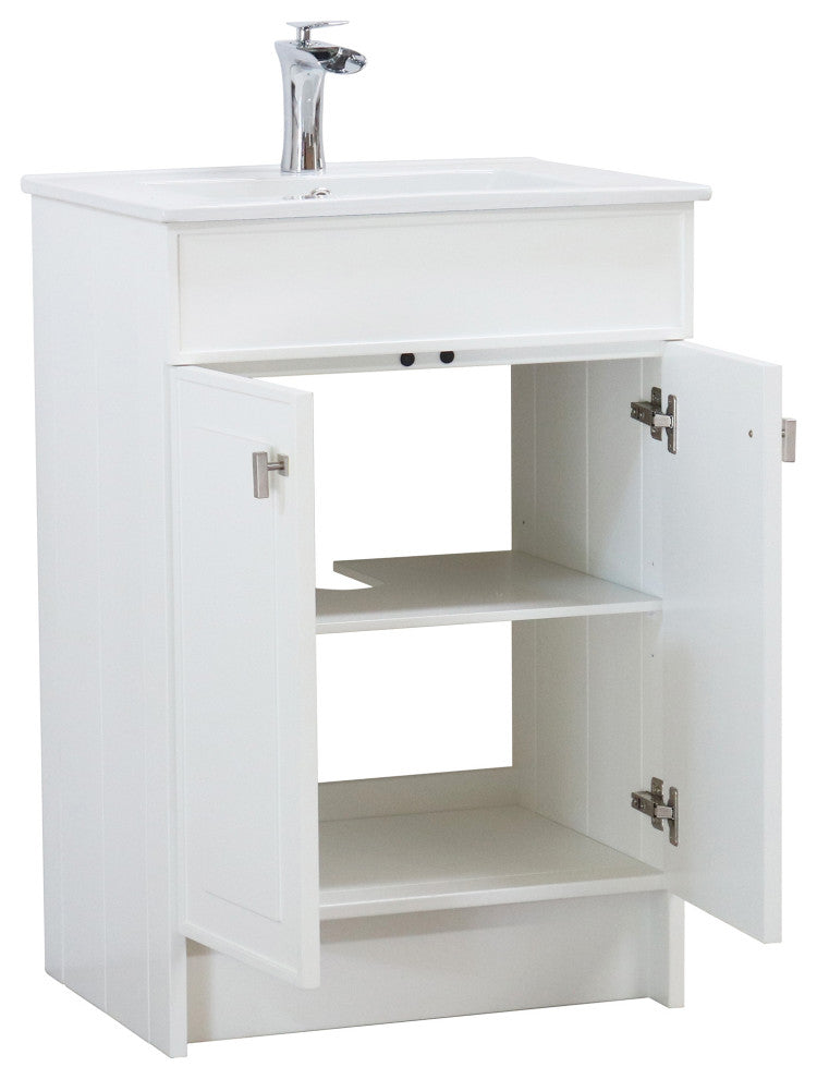 SmartFold 24" Single Sink Vanity, White With White Ceramic Top, Brushed Nickel