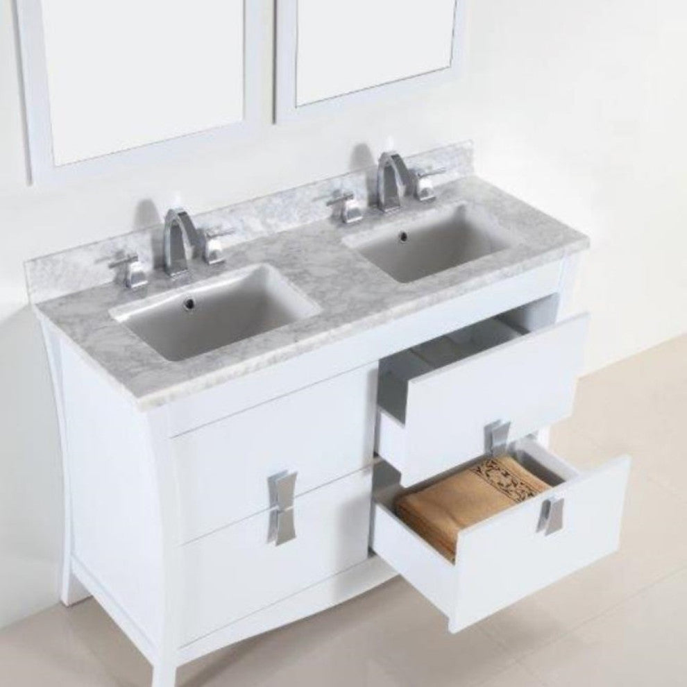 48" Double Sink Vanity, White With White Carrara Top
