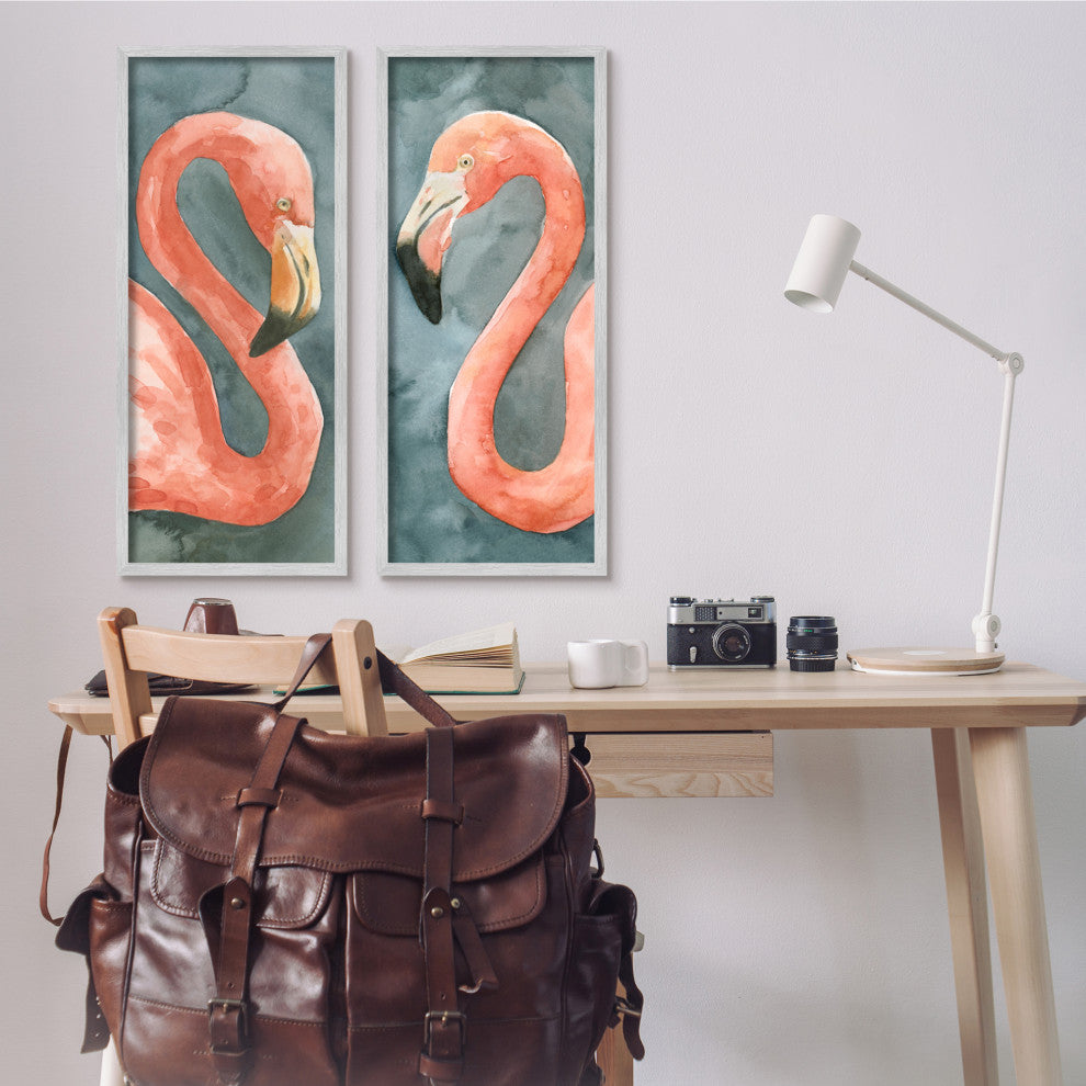 Watercolor Pink Flamingo Pair Watercolor Animal Portrait,13 x 30