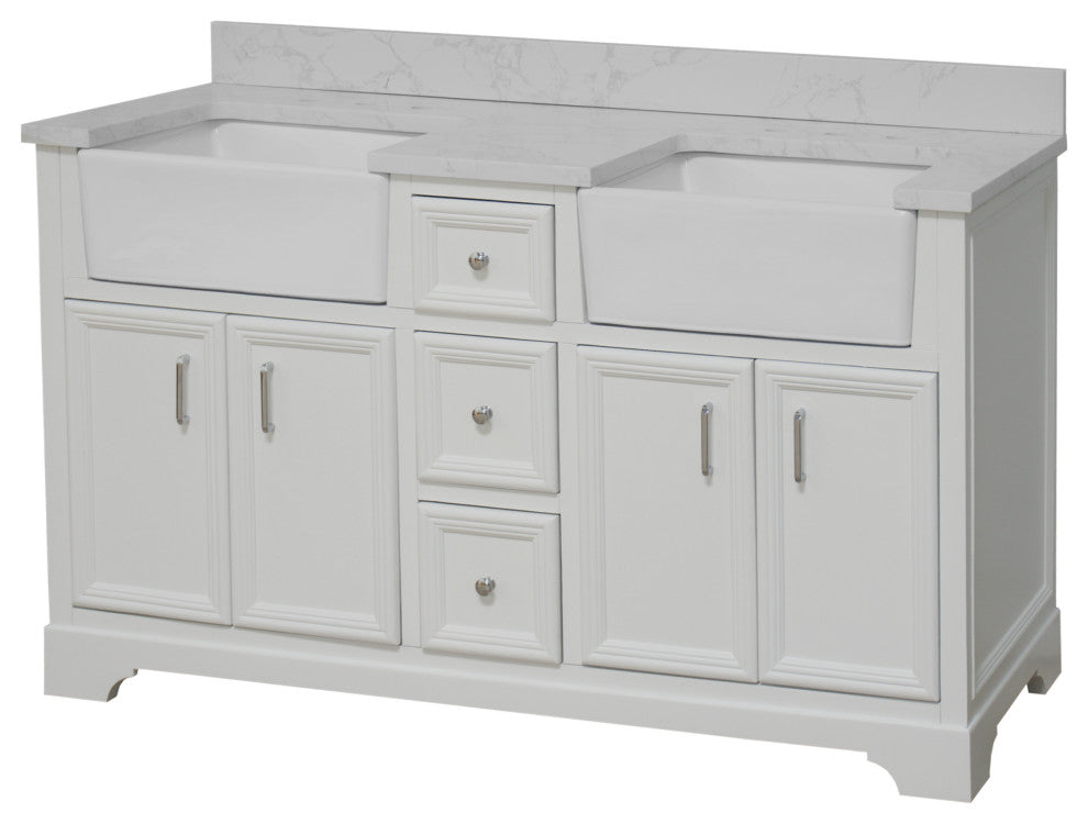 Zelda 60" Bathroom Vanity, White, Engineered Carrara, Double