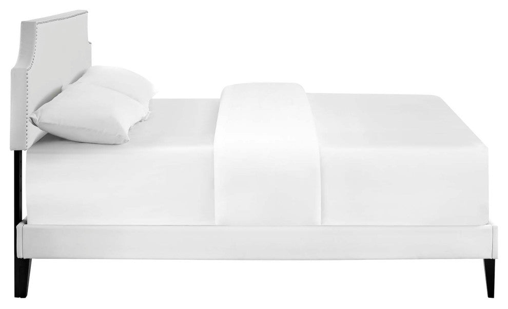 White Corene Full Vinyl Platform Bed with Squared Tapered Legs