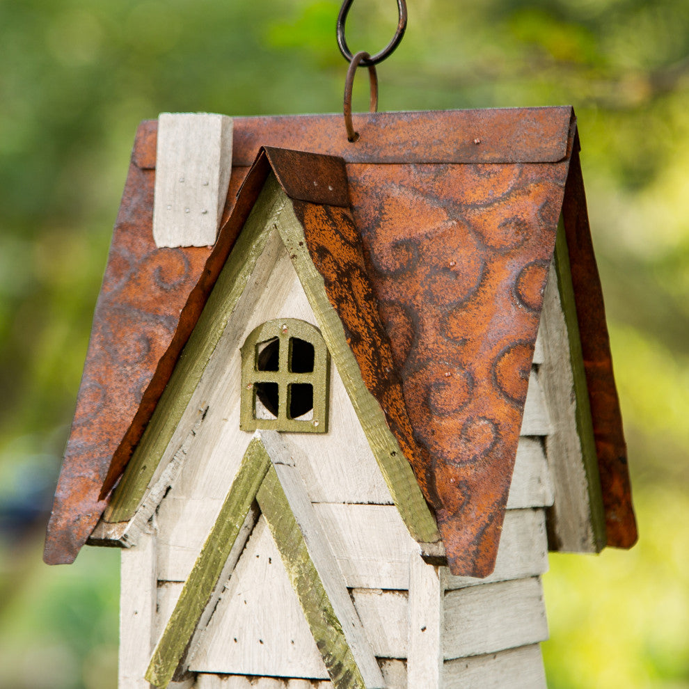 12"H Washed White Distressed Solid Wood Cottage Birdhouse