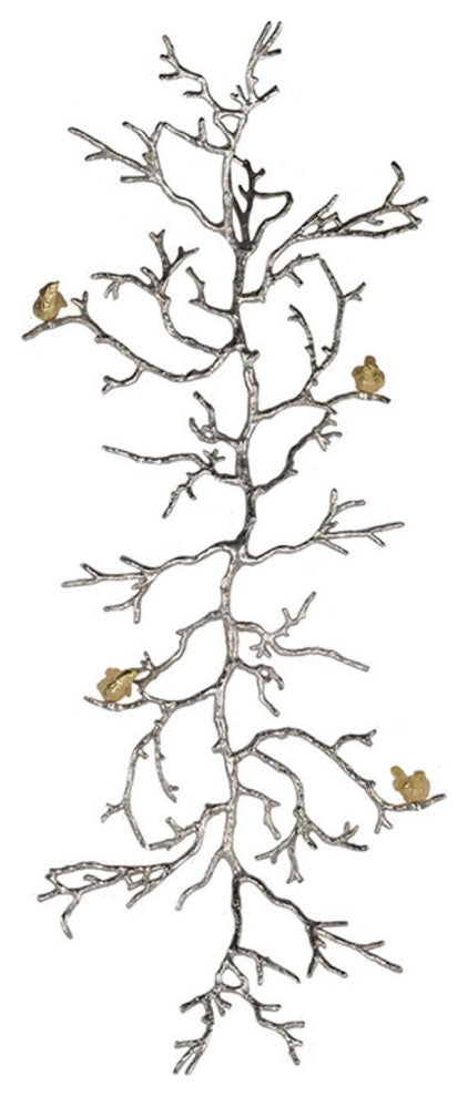 Modern 44" Silver Branch and Golden Birds Wall Art