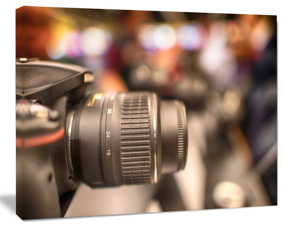 Modern Camera in City Electronics Shop, Contemporary Canvas Art Print, 60"x28"