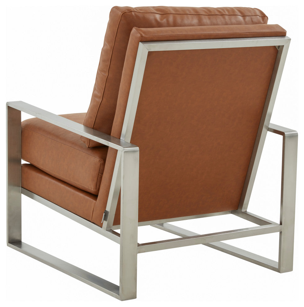 LeisureMod Jefferson Arm Chairs With Silver Frame and Coffee Table, Cognac Tan