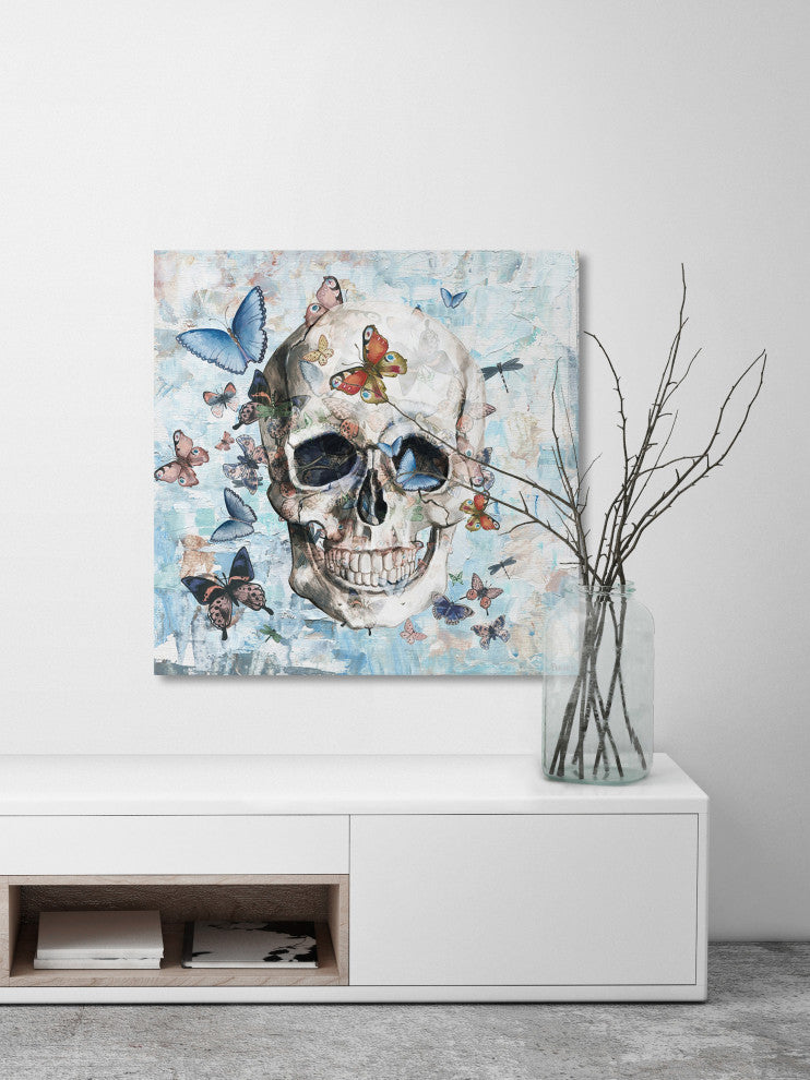 "Clouded Happy Butterfly Skull" Painting Print on Wrapped Canvas, 12"x12"