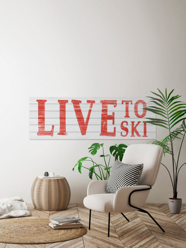 "Live to Ski II" Painting Print on White Wood, 45"x15"