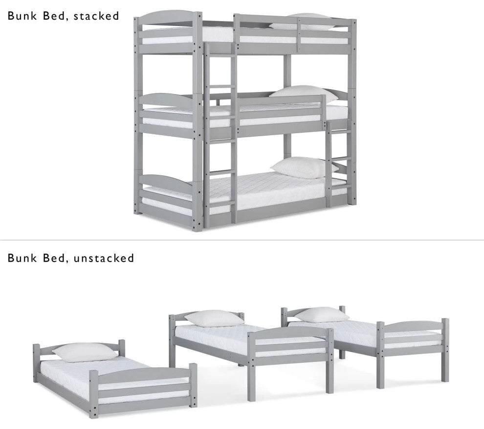 Transitional Triple Floor Bunk Bed, Safety Guardrails & Integrated Ladder, Gray