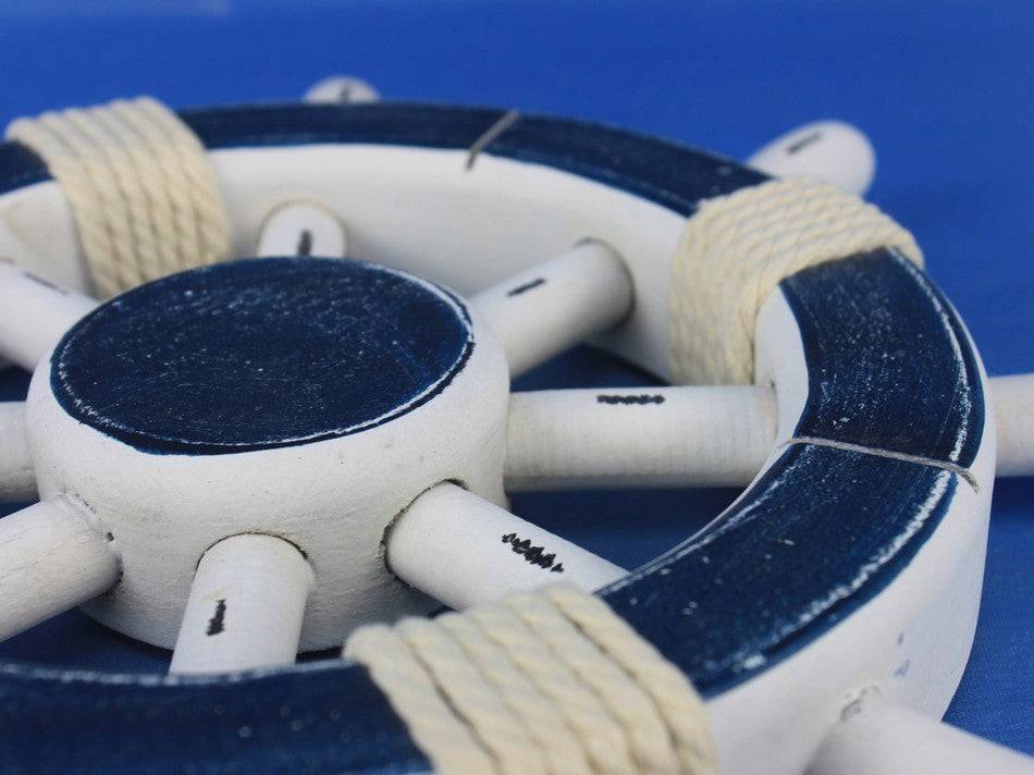 Rustic Dark Blue and White Ship Wheel 12'', Beach Decor, Nautical Ship Wheel