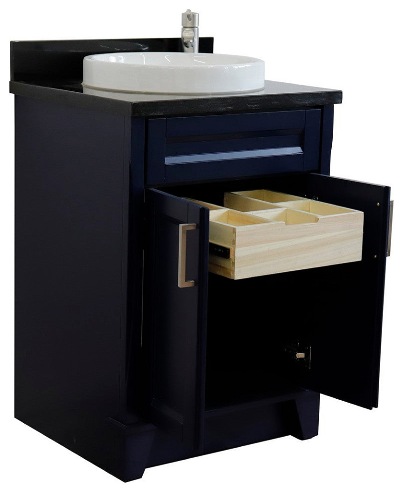 25" Single Sink Vanity, Blue Finish With Black Galaxy Granite And Round Sink