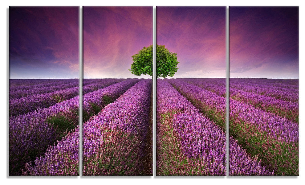 Lavender Field Sunset with Single Tree, Floral Canvas Print, 48"x28", 4 Panels