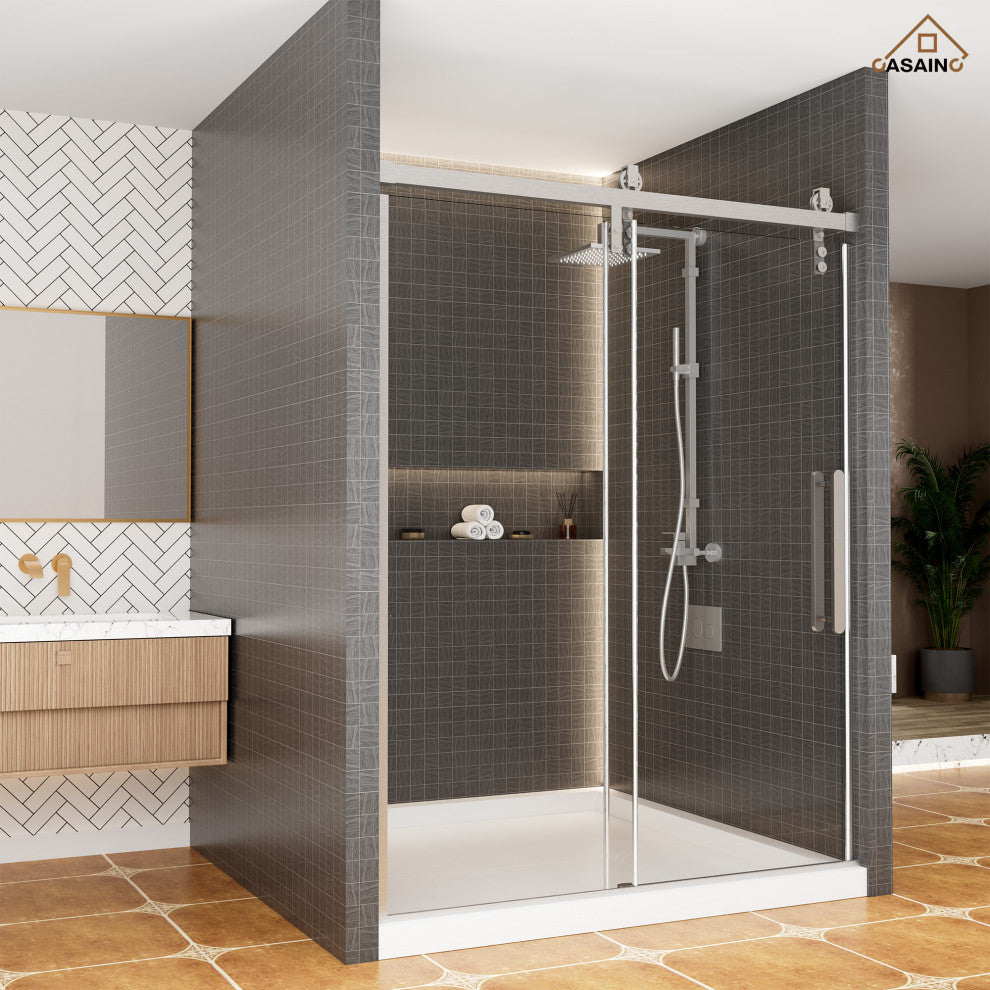 59-in to 60-in x 76-in Frameless Sliding Shower Door, Brushed Nickel