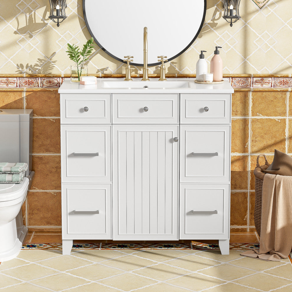 36 Inch Freestanding Bathroom Vanity with Ceramic Sink, White