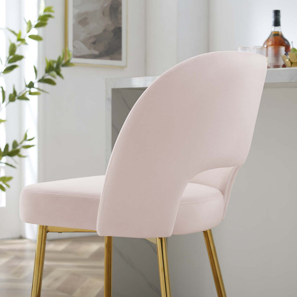 Counter Stool Chair, Velvet, Metal, Pink, Modern, Bar Pub Cafe Bistro Restaurant