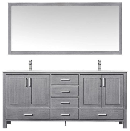 Jacques 72" Distressed Grey Double Sink Vanity with Quartz Top, With Mirror