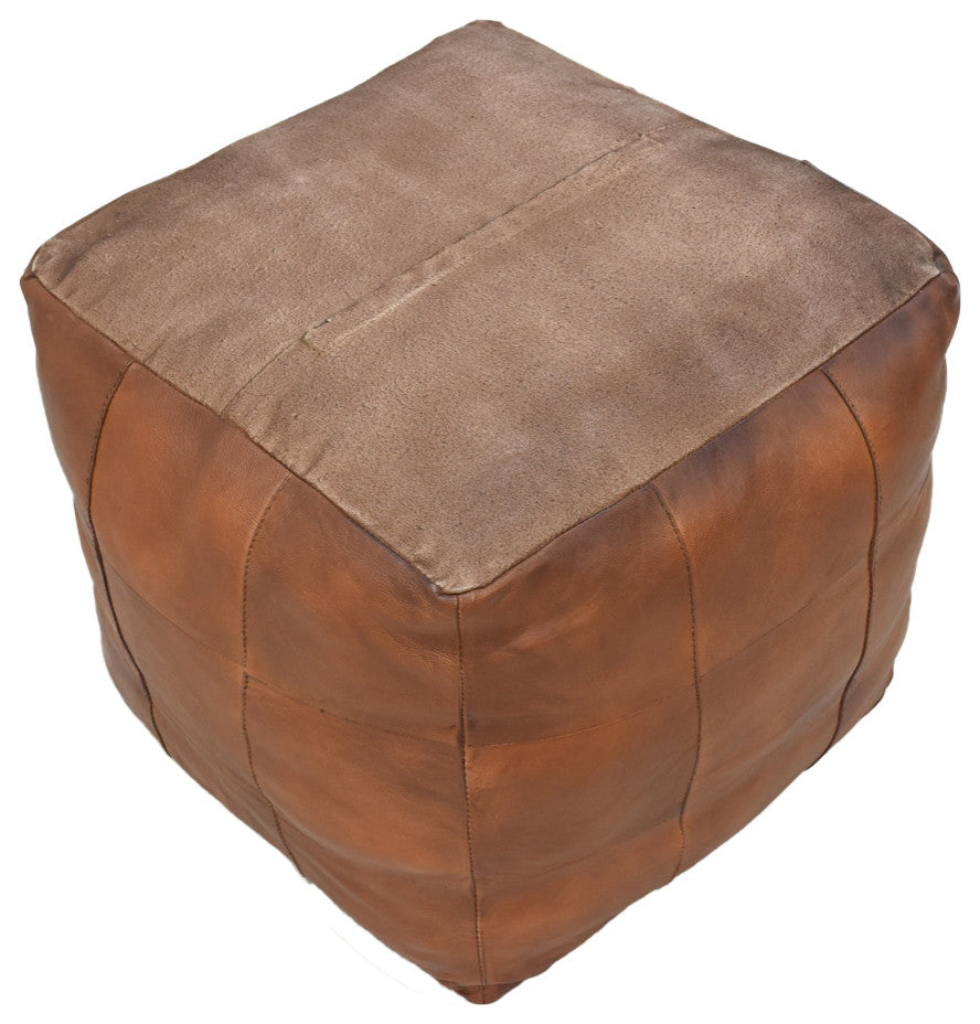 Geometric Handmade Leather Pouf, Recycled Foam With Fiber Fill, Cognac Color, Square, 16x16x16