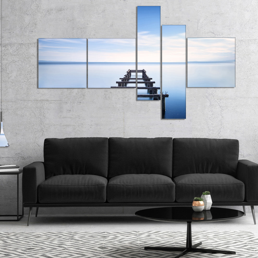 Jetty Remains in Blue Lake, Seascape Canvas Art Print, 60"x32", 5 panels