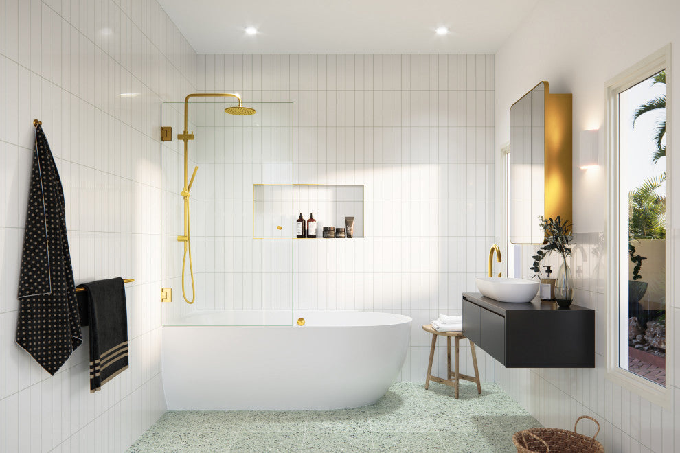 Glass Warehouse 58.25"x31.25" Frameless Shower Bath Door, Door Only, Satin Brass