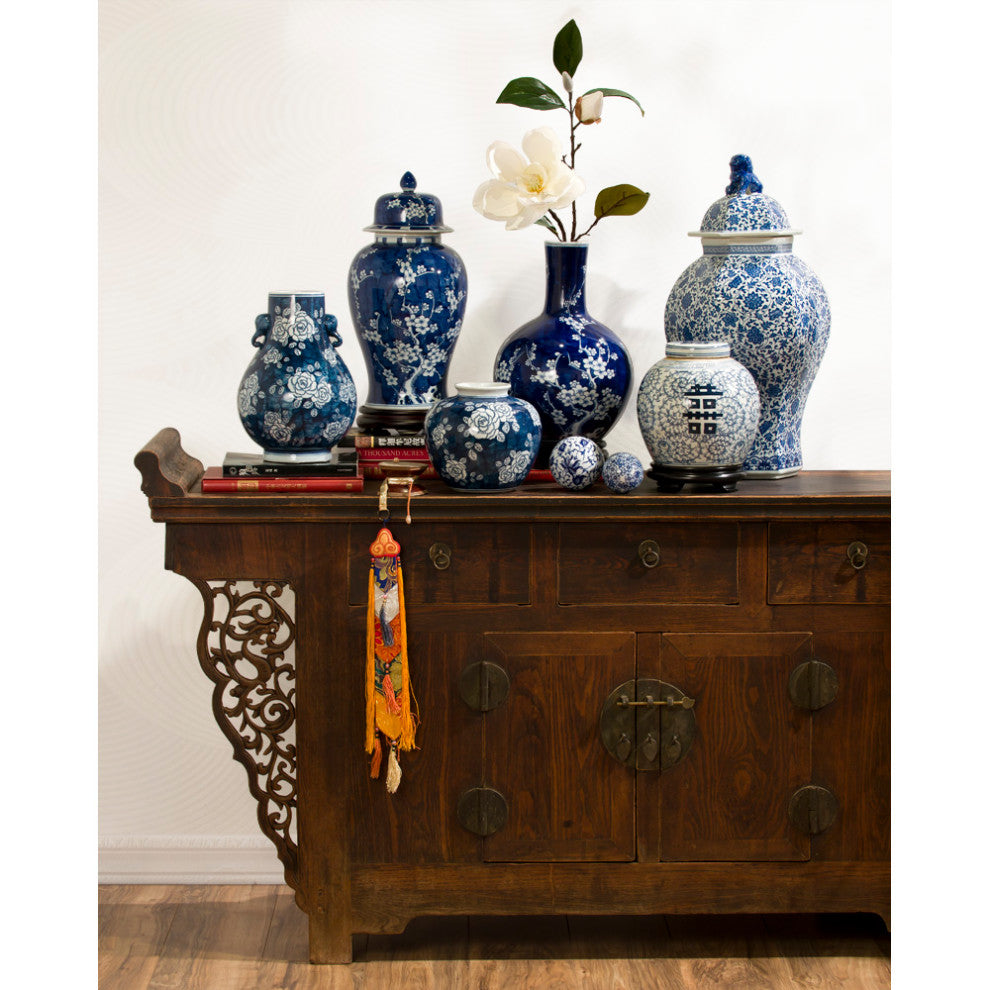 Blue and White Cherry Blossom Flower Motif Chinese Porcelain Temple Vase