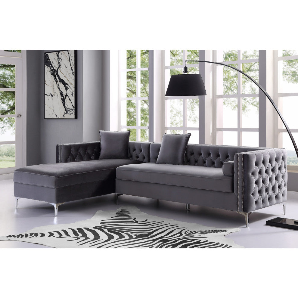 Jeannie Velvet Tufted With Nailhead Trim Sectional, Gray, Left Facing Chaise