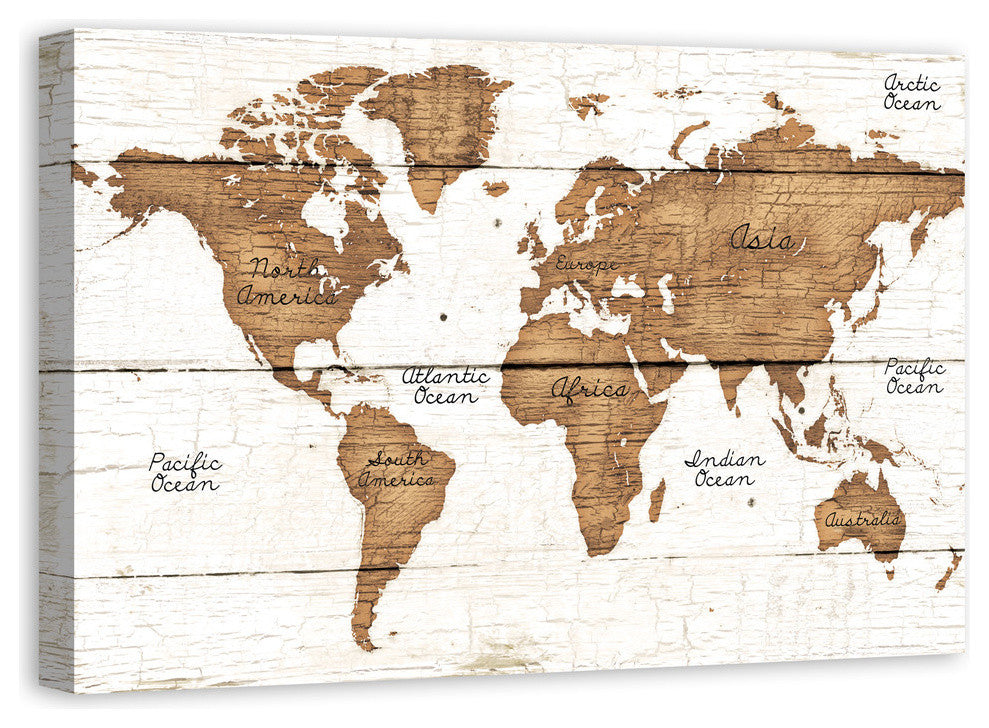 Distressed Wood World Map Canvas Wall Art, 24"x36"