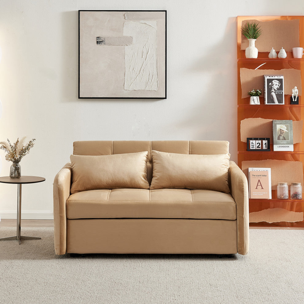 Gewnee 55.5"Twins Pull Out Sofa Bed Khaki Velvet, Khaki