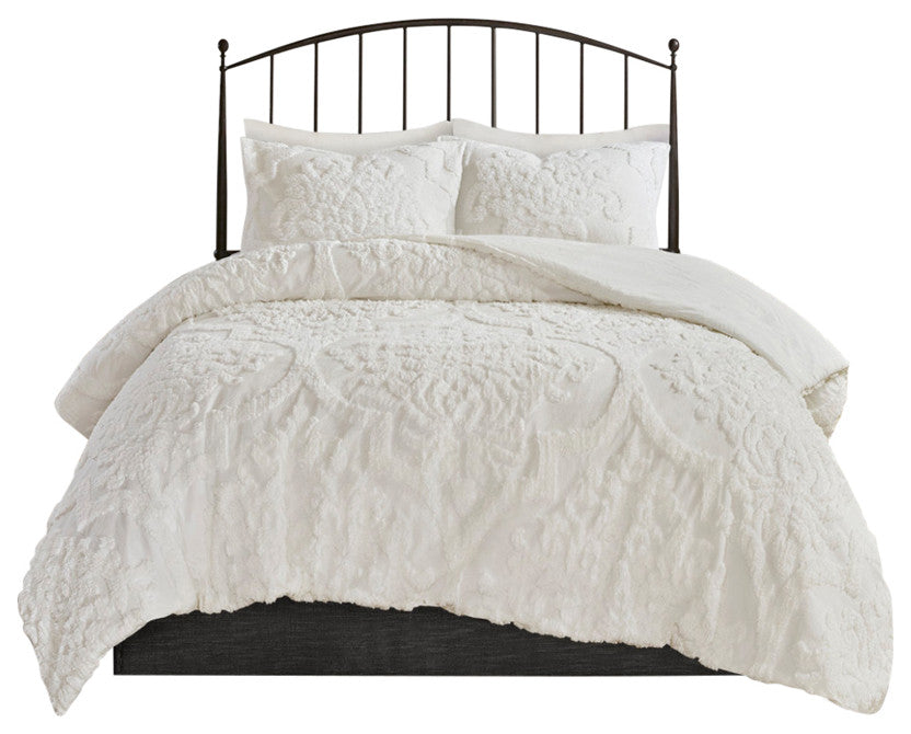 Madison Park Viola Tufted Chenille Damask Comforter/Duvet Cover Mini Set, White