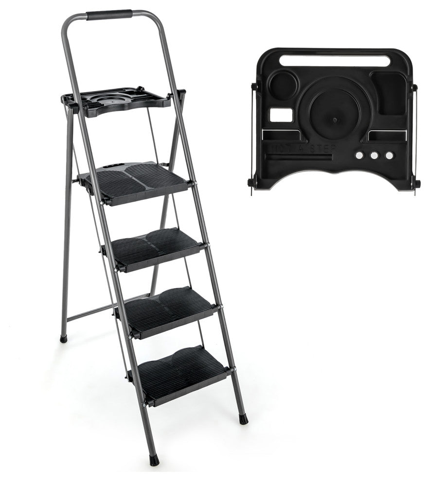 Costway 4 Step Folding Ladder 330lbs Portable Steel Anti-Slip w/Tool Platform