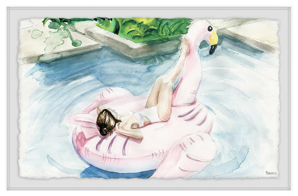 "Flamingo Floater" Framed Painting Print, 12"x8"