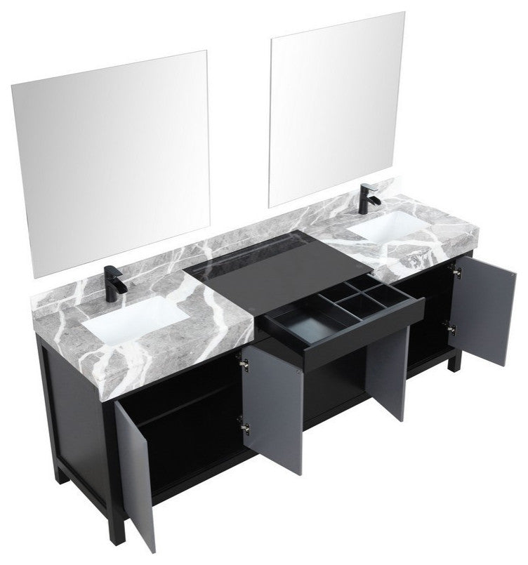 Zilara Black and Grey 84" Double Vanity Set, Cascata Nera Matte Black Faucet Set