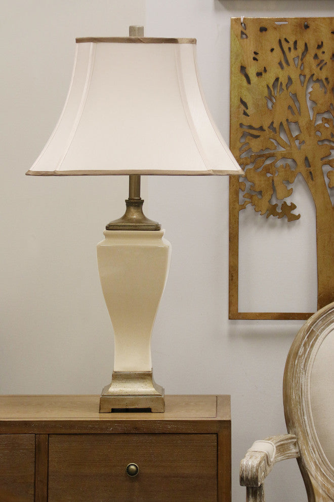 Cream Crackle Design Table Lamp with Trimmed Square Cut Corner Shade