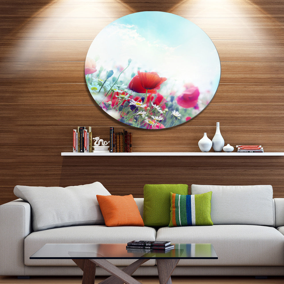 Red Poppies On Blue Background, Modern Floral Round Wall Art, 11"