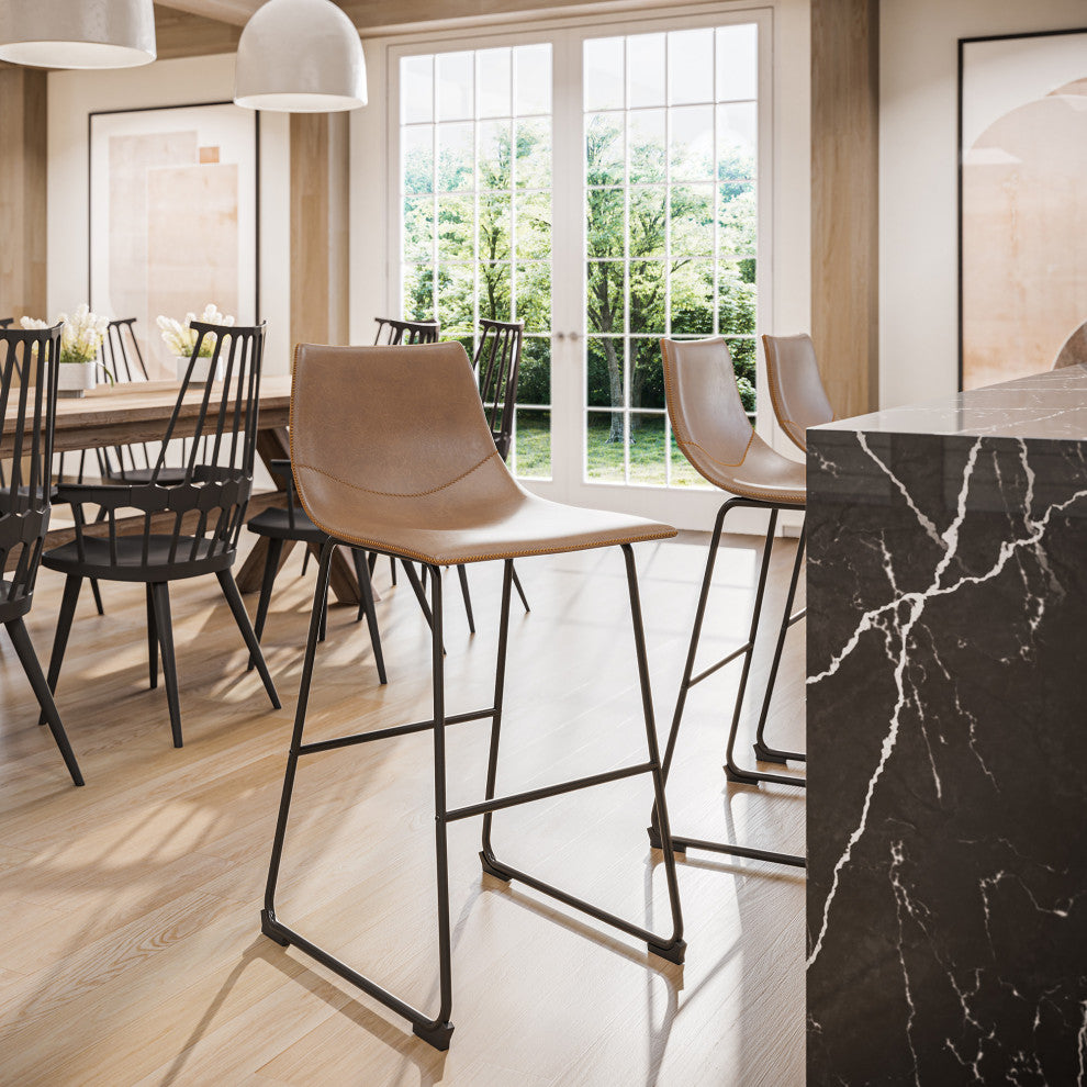 Modern Upholstered Faux Leather Barstools, Whiskey Brown