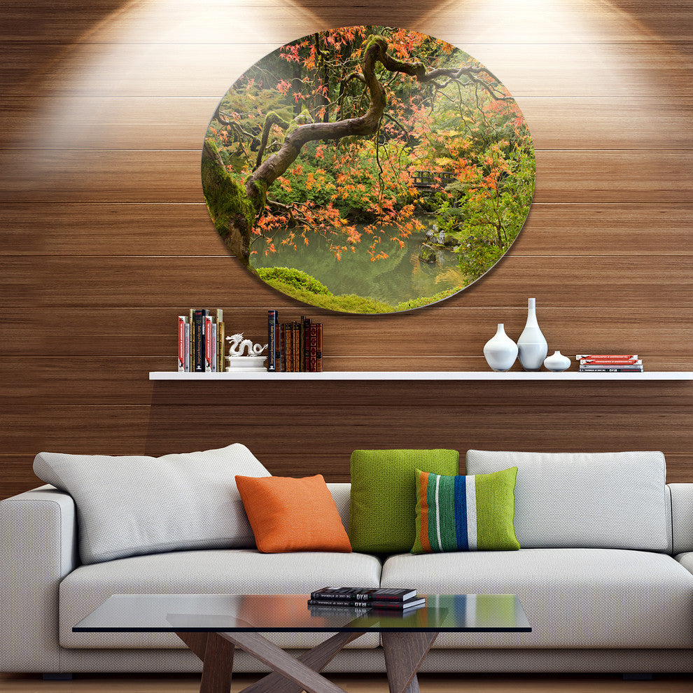 Japanese Garden Fall Season, Landscape Round Wall Art, 11"