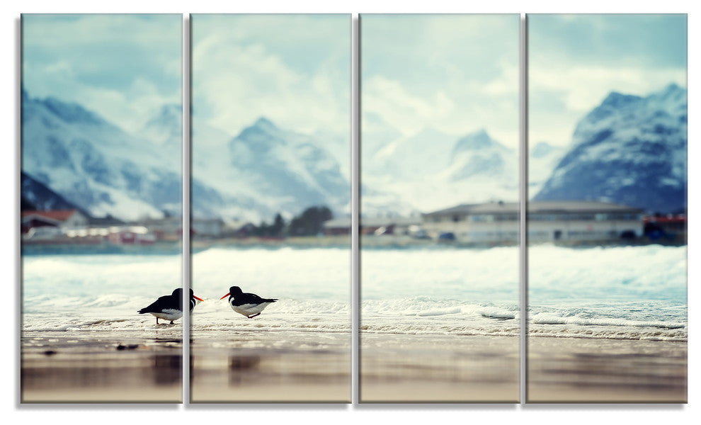 Birds and Mountain Peak, Seashore Wall Art on Canvas, 48"x28", 4 Panels