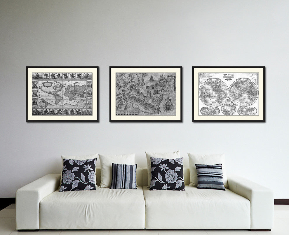Land Vintage Map Print On Canvas With Black Custom Frame, 28" X 37"