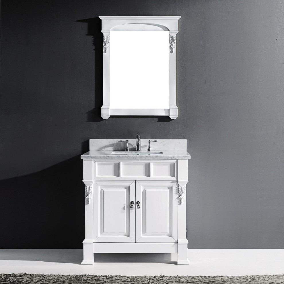 Virtu Huntshire 36" Single Bathroom Vanity, White With Faucet and Mirror