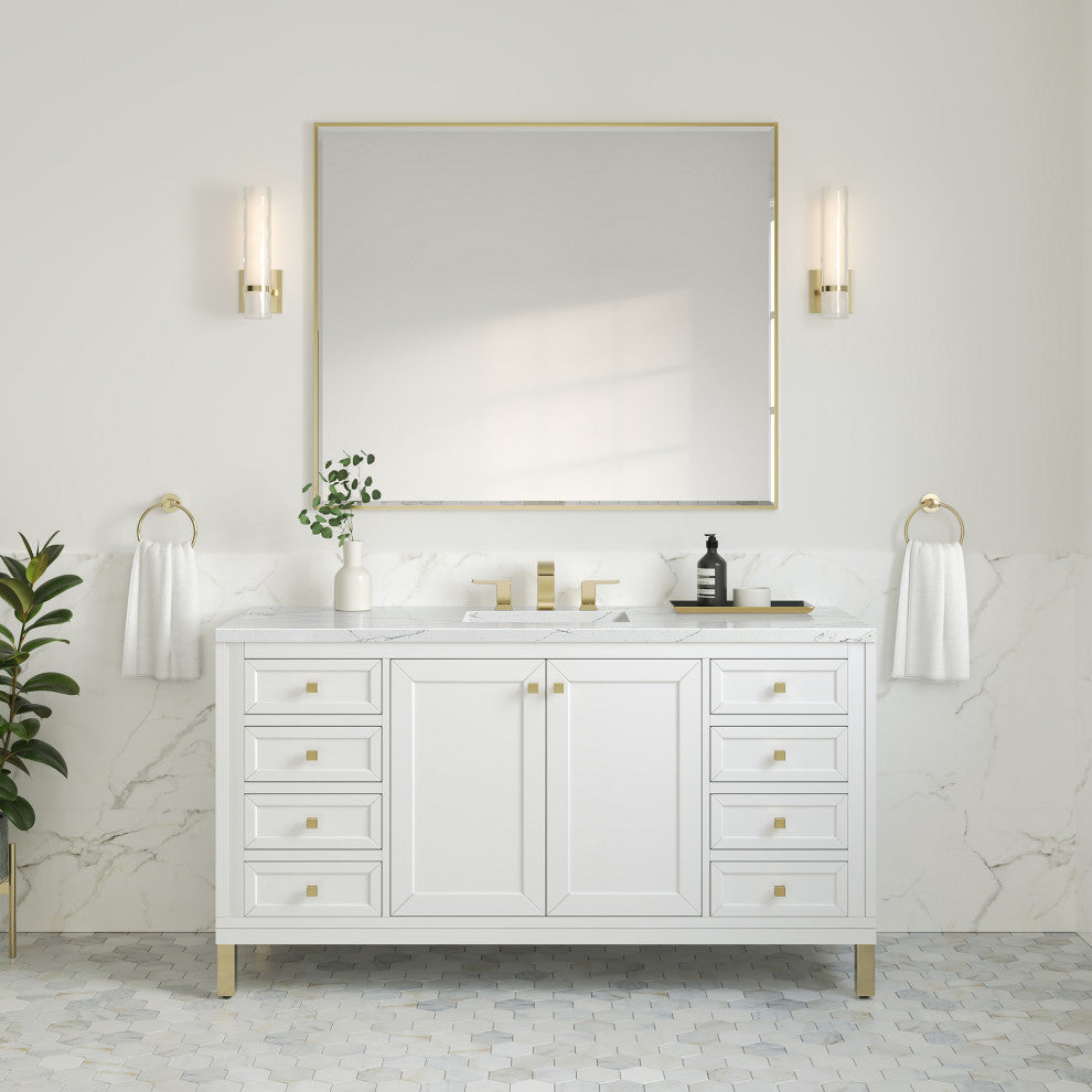 Chicago 60" Single Vanity, Glossy White, Ethereal Noctis Quartz