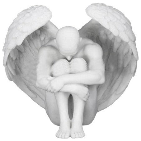 Winged Nude Male Sitting With Arms Holding Over Knees Polystone Sculpture