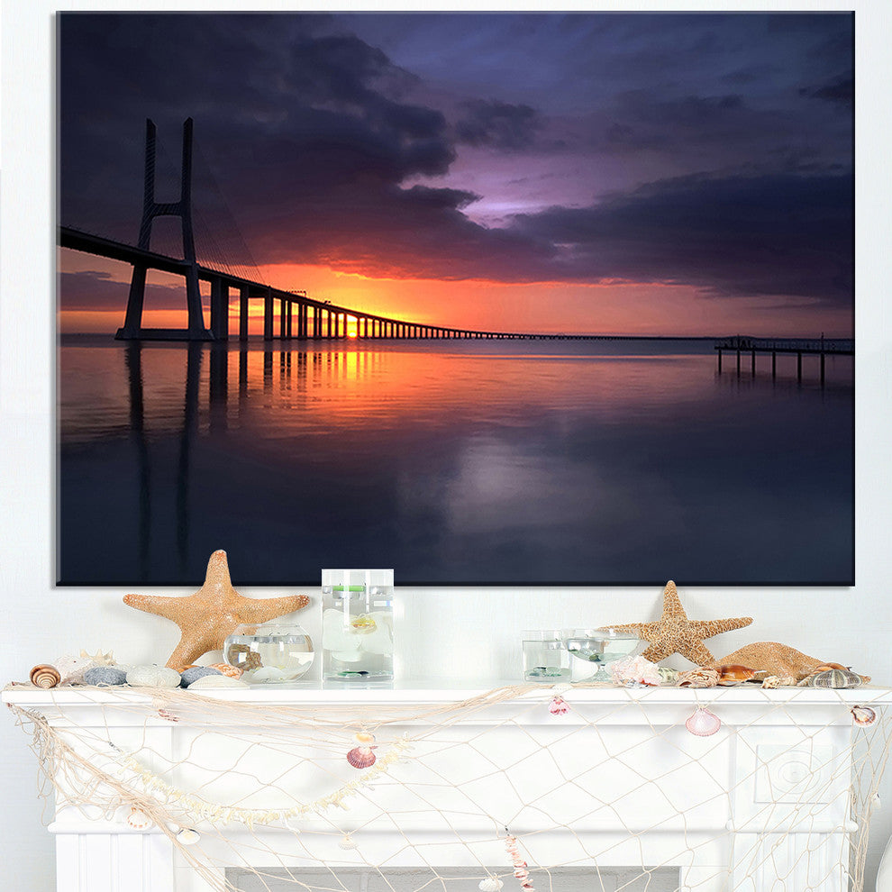 "Vasco Da Gama Bridge Portugal" Sea Pier and Bridge Wall Art Canvas, 40"x20"