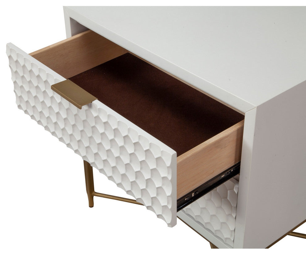 Benzara BM284300 Rexi 26" 2 Drawer Nightstand Honeycomb Wood, White, Gold