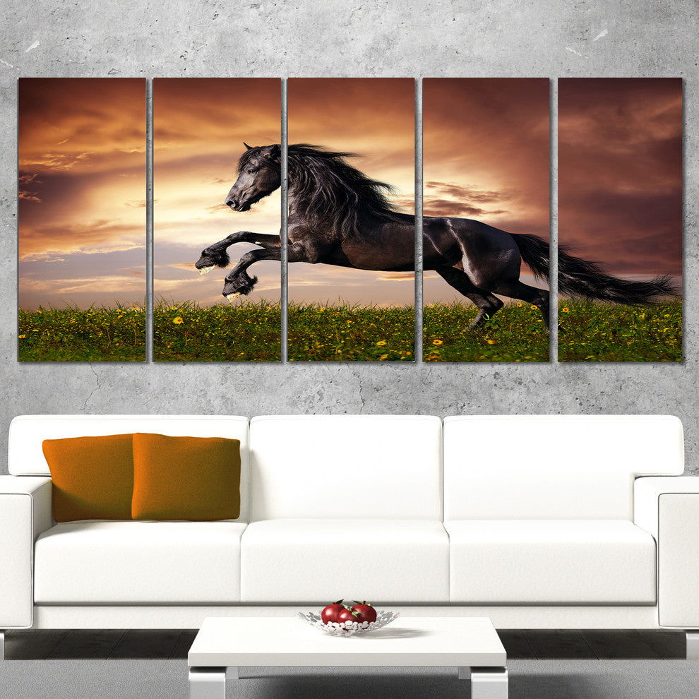 Black Friesian Horse Gallop, Abstract Canvas Art Print, 60"x28", 5 Panels