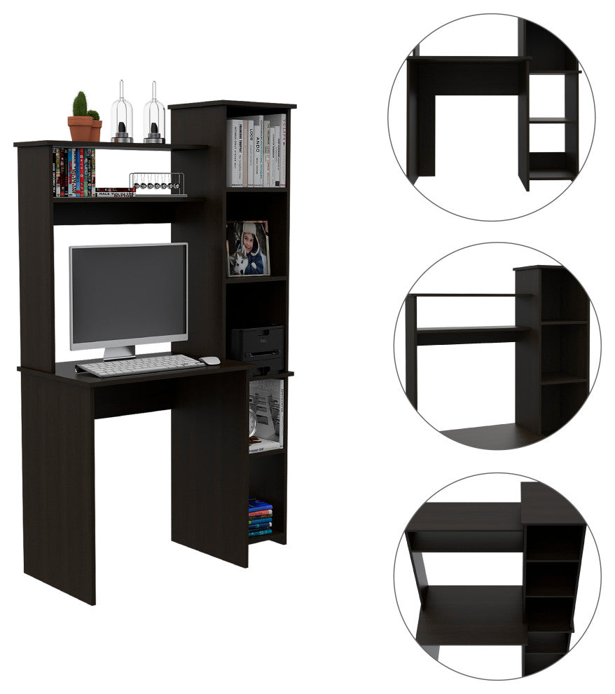 TATEUS 6-Shelf Home Office Writing Desk with Built-in Bookcase, Black