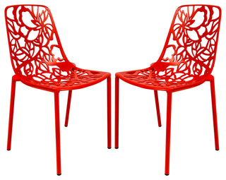 LeisureMod Devon Modern Outdoor Stackable Aluminum Dining Chair, Set of 2, Red