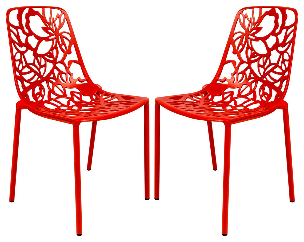 LeisureMod Devon Modern Outdoor Stackable Aluminum Dining Chair, Set of 2, Red