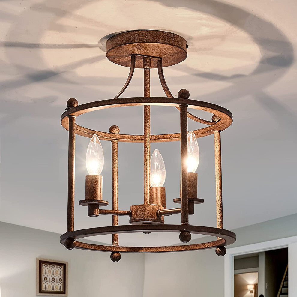 3 Light Industrial Semi Flush Mount Ceiling Lamp Rust Bronze Island Ceiling Lamp