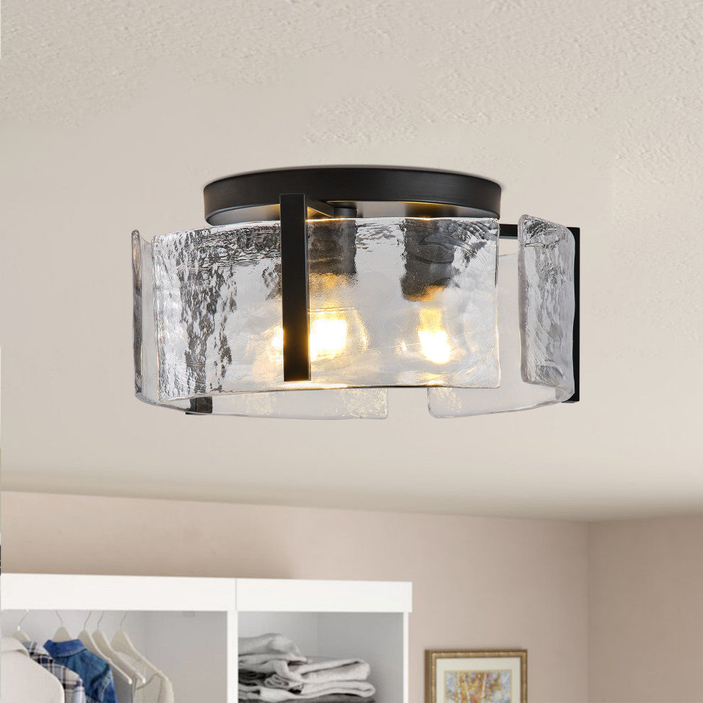 Modern Black Metal Flush Mount Ceiling Light with Curved Water Glass Panels
