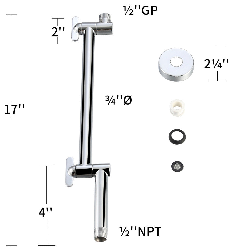 17" Adjustable Rain Shower Arm, Polished Chrome